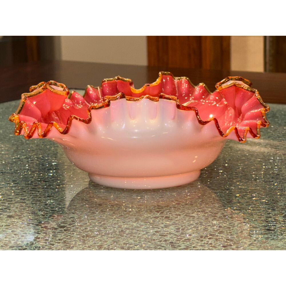 Antique Davidson White Cased Amber Crested
Ruffled Bowl